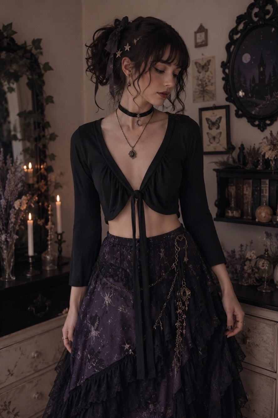 Dress Barn Womens Crop Top Tie Front Wrap L Whimsigoth Fairy Goth Long Sleeve - Picture 1 of 10